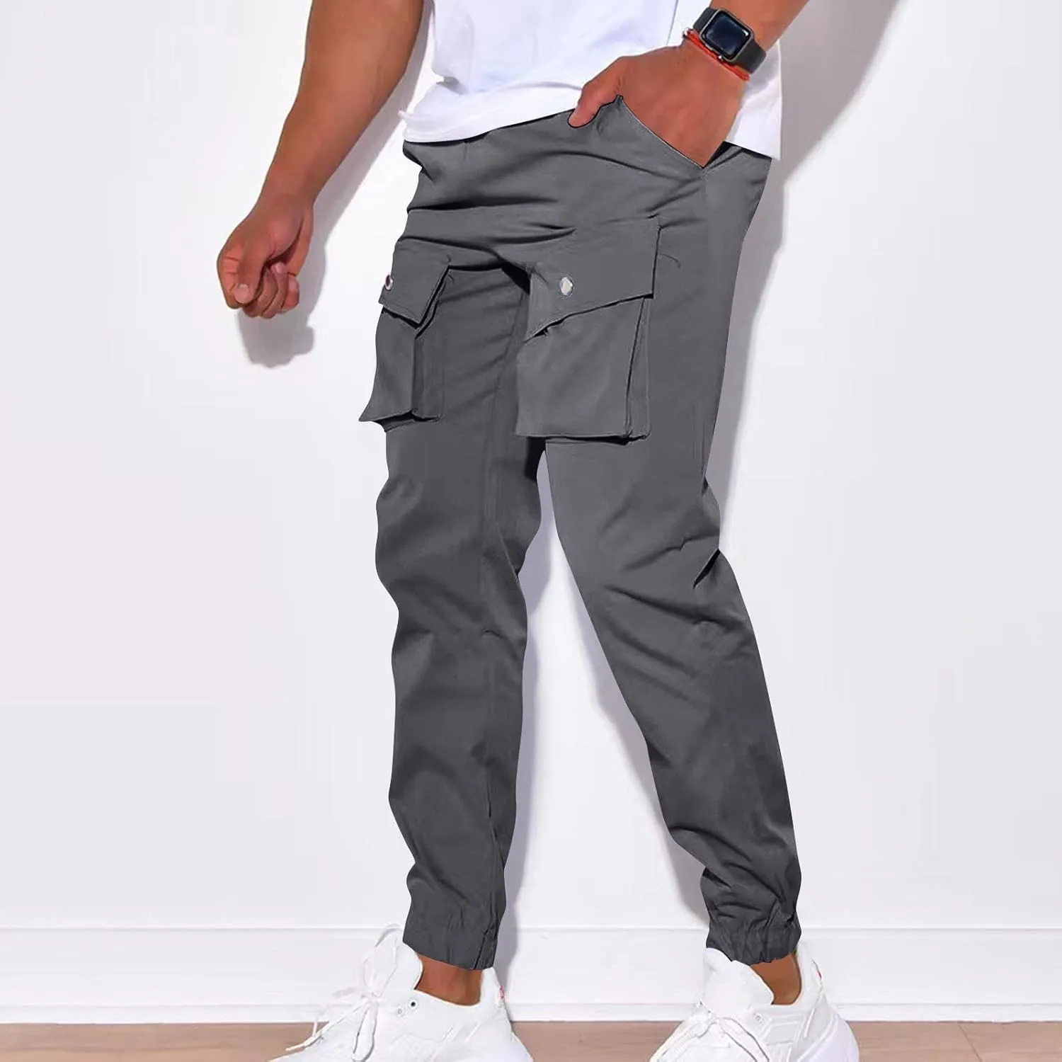 YUHGODO Men's Casual Mid-Rise Waist Tapered Leg Pants Drawstring Outdoor Running Jogger Cargo Pants with Multi Pockets