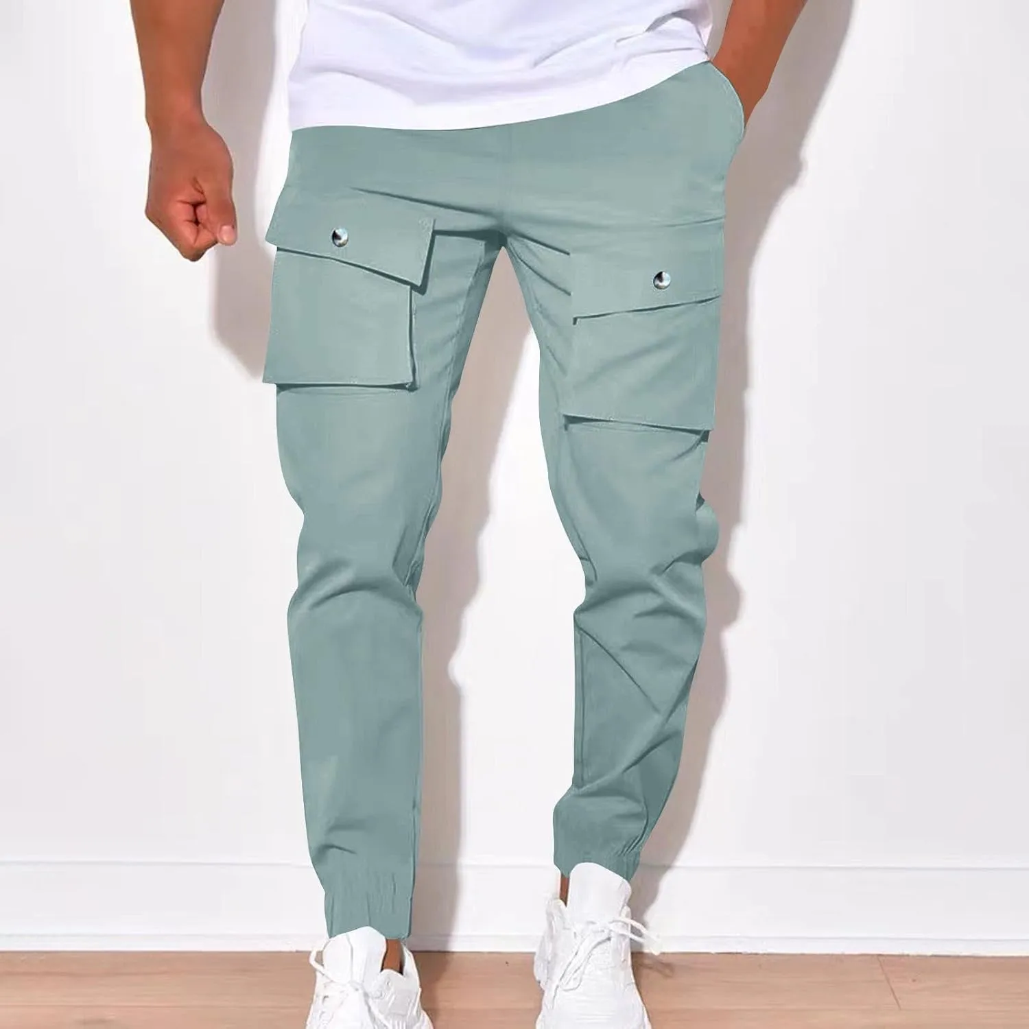 YUHGODO Men's Casual Mid-Rise Waist Tapered Leg Pants Drawstring Outdoor Running Jogger Cargo Pants with Multi Pockets