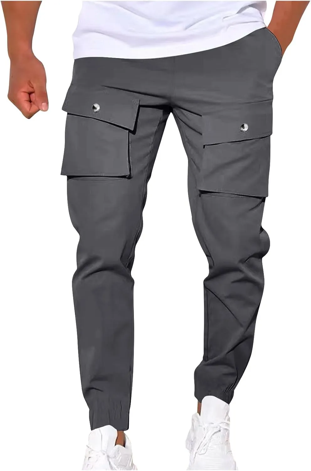 YUHGODO Men's Casual Mid-Rise Waist Tapered Leg Pants Drawstring Outdoor Running Jogger Cargo Pants with Multi Pockets